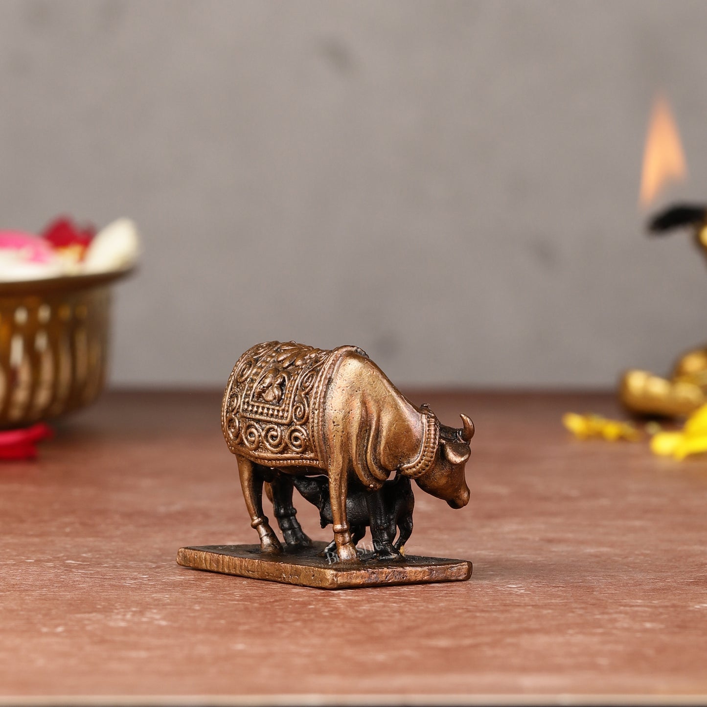 Pure Copper Gomatha Kamdhenu Cow with Calf Idol - 2-inch