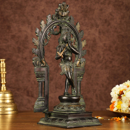 Pure Brass Lord Krishna with Celestial Aura Prabhavali Idol 12.5"