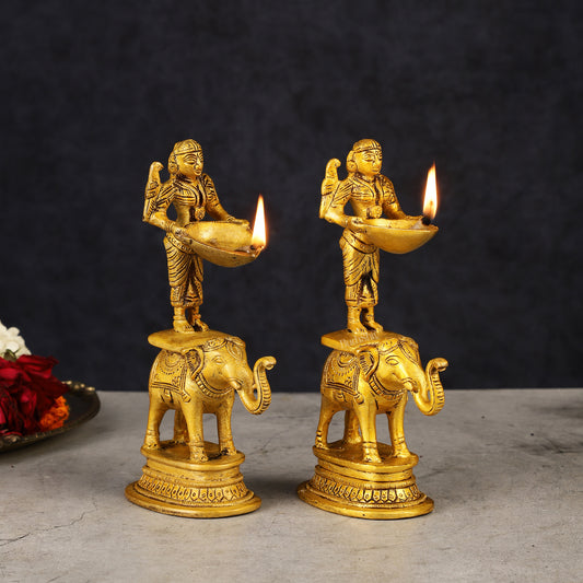 Pair of Traditional South Indian Pure Brass Deep Lady Paavai on Elephant Oil Lamps