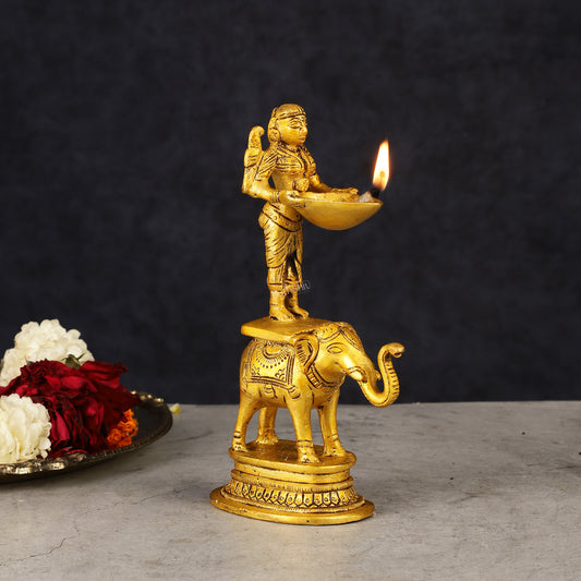 Traditional South Indian Pure Brass Deep Lady Paavai on Elephant Oil Lamp 6.5"