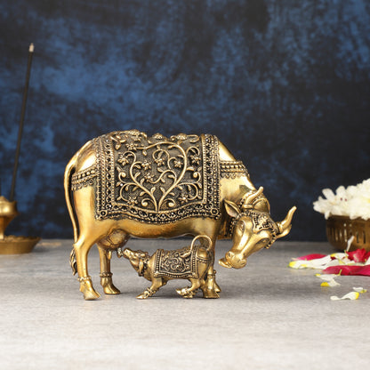 Brass Superfine Miniature Kamdhenu Cow with Calf - 5.5"