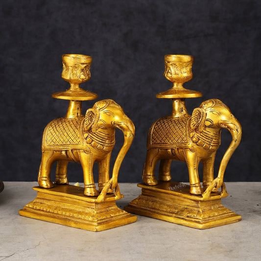 Pure Brass Pair of Elephant Candle Holders