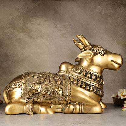 Pure Brass Superfine Nandi Statue with Enhanced Carvings - 16"