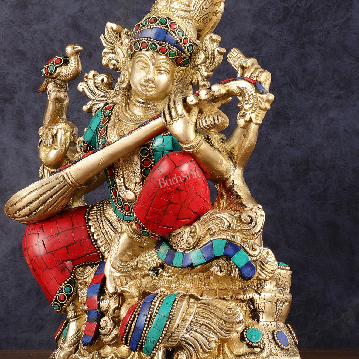 Saraswati brass idol 11 inches multicolour