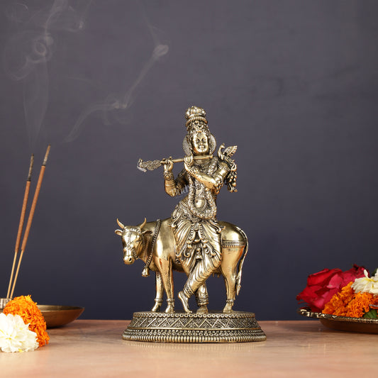 Handcrafted Brass Krishna with Cow Statue - 7"