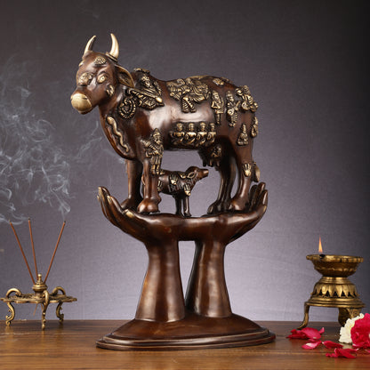 Brass Superfine Kamadhenu Cow with Calf Idol large 18"