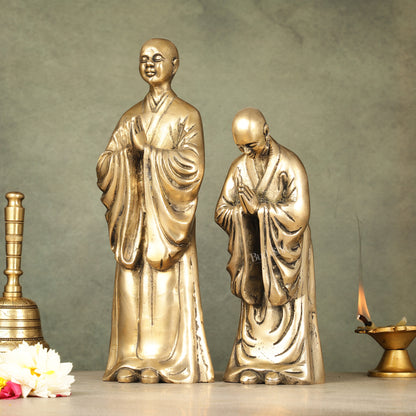 Pure Brass Peaceful Buddha Monk and Disciple Idol Set - 12 Inch