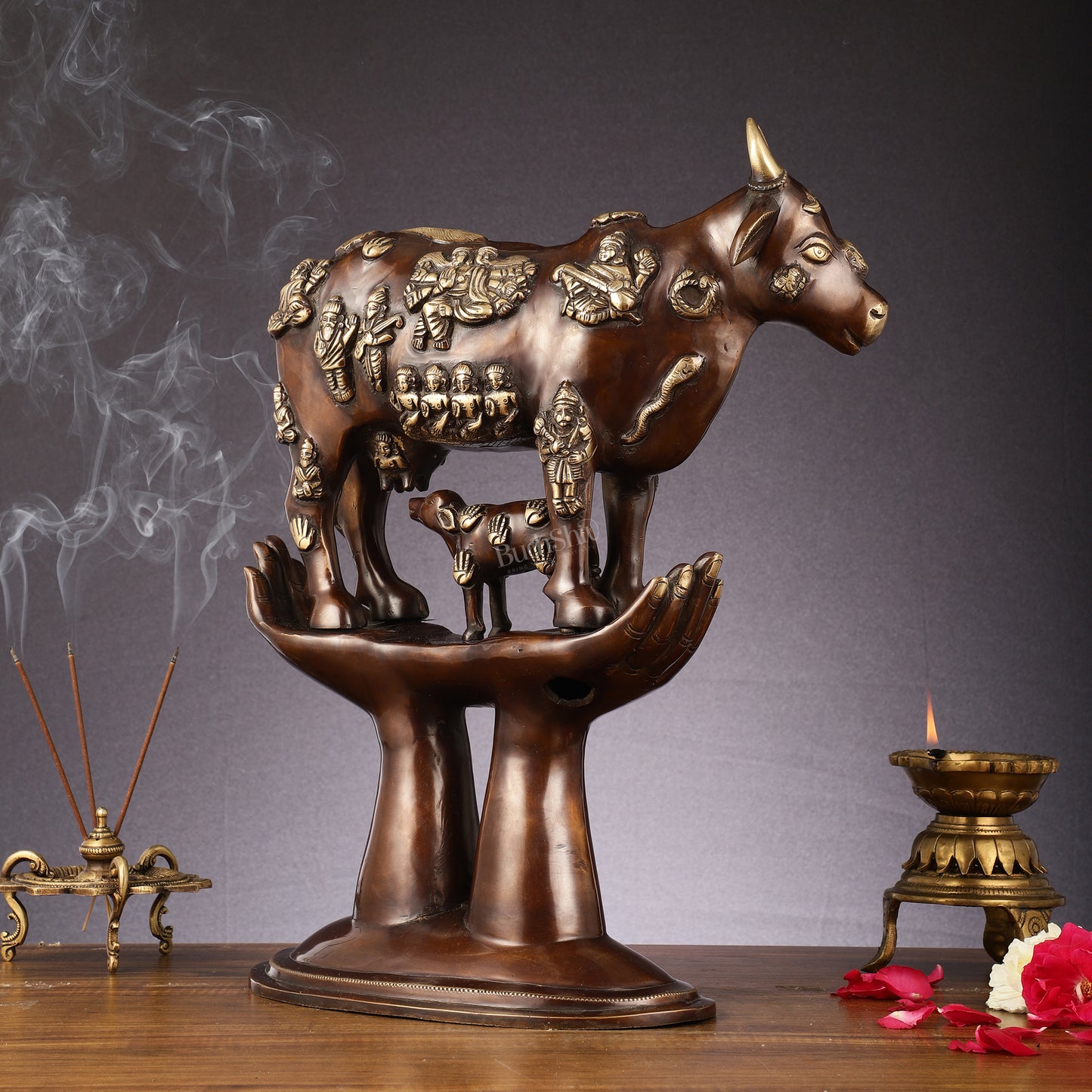 Brass Superfine Kamadhenu Cow with Calf Idol large 18"