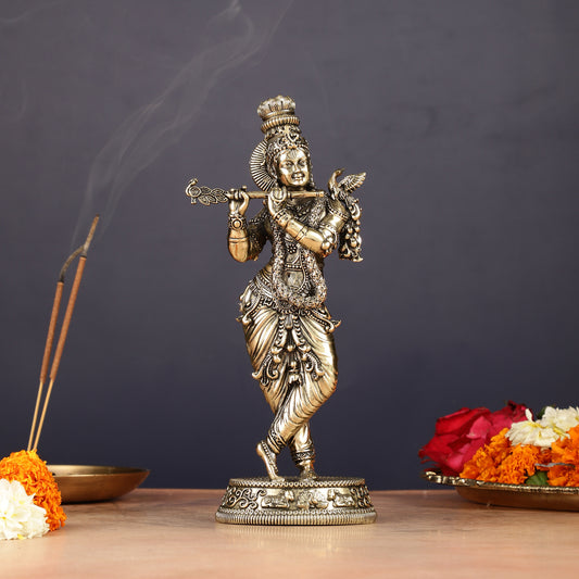 Intricate Pure Brass Lord Krishna Statue - 7.5"