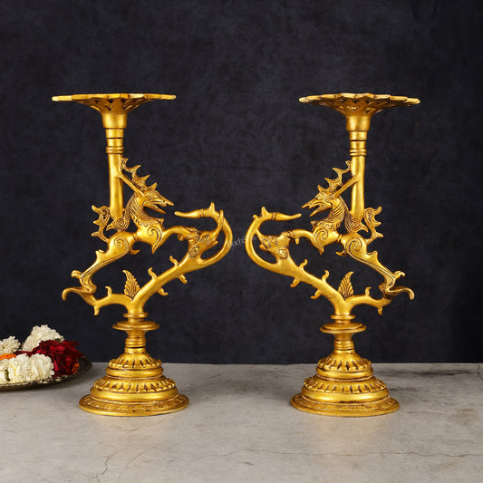 Pair of Pure Brass Yali Candle Holders 9"