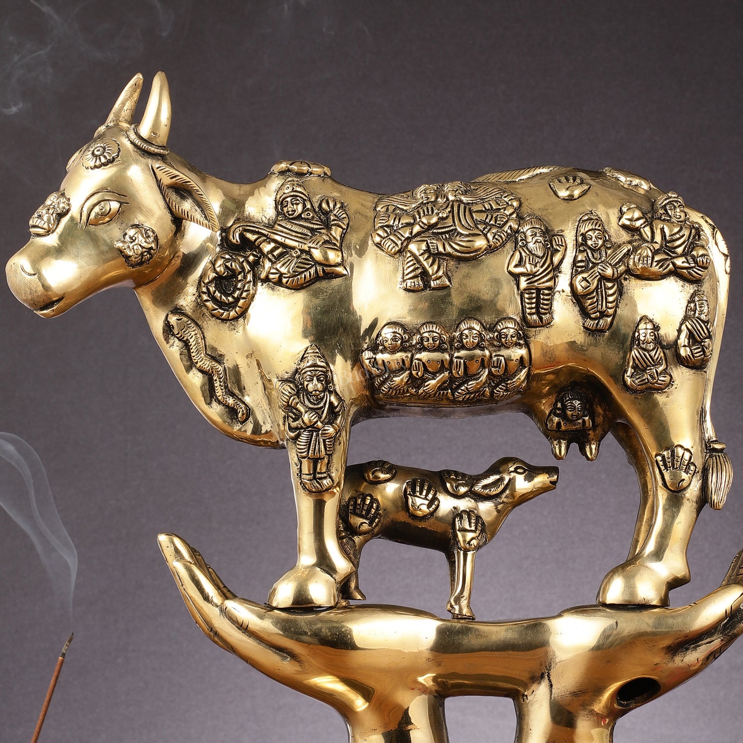 Brass Superfine Kamadhenu Cow with Calf Idol large 18" golden tone