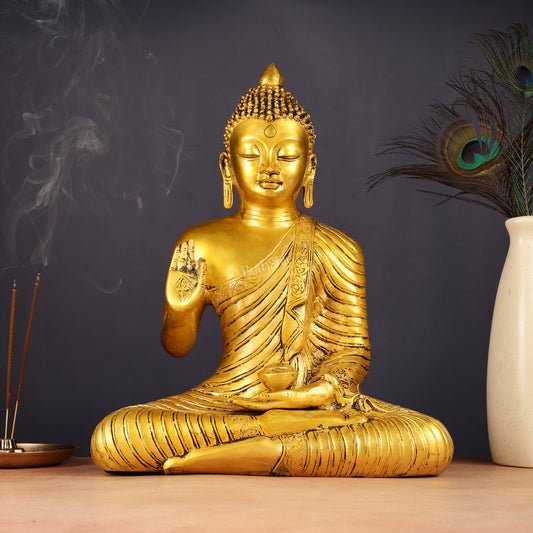 14-inch Pure Brass Buddha Statue in Abhaya Mudra Blessing Pose