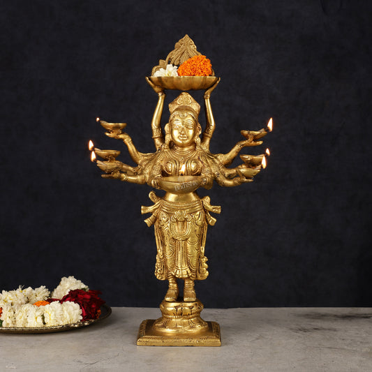 Brass Deep Lakshmi with Ten Hands Idol 15"