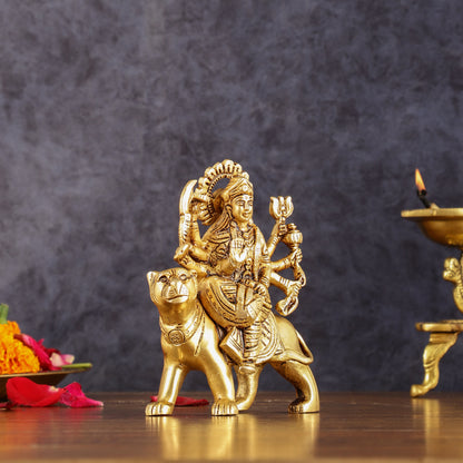 Brass Goddess Durga Seated on Tiger Idol - 5 Inch