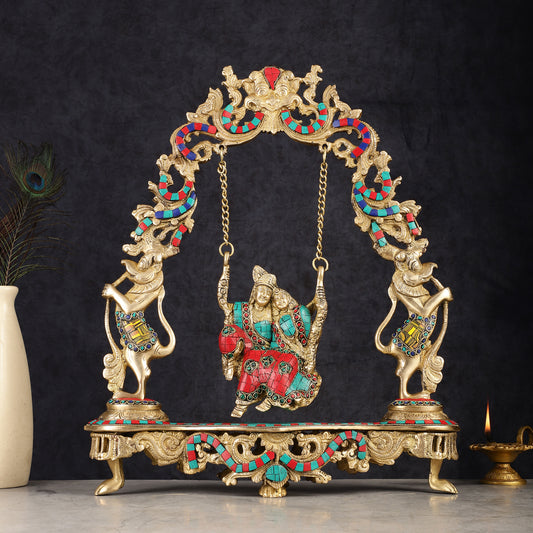 Pure Brass Radha Krishna on Swing - Handcrafted with Natural Stones 18 inch