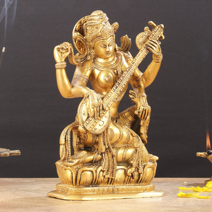 Pure Brass Sampoorn Saraswati Devi Murti - 9.5 Inch