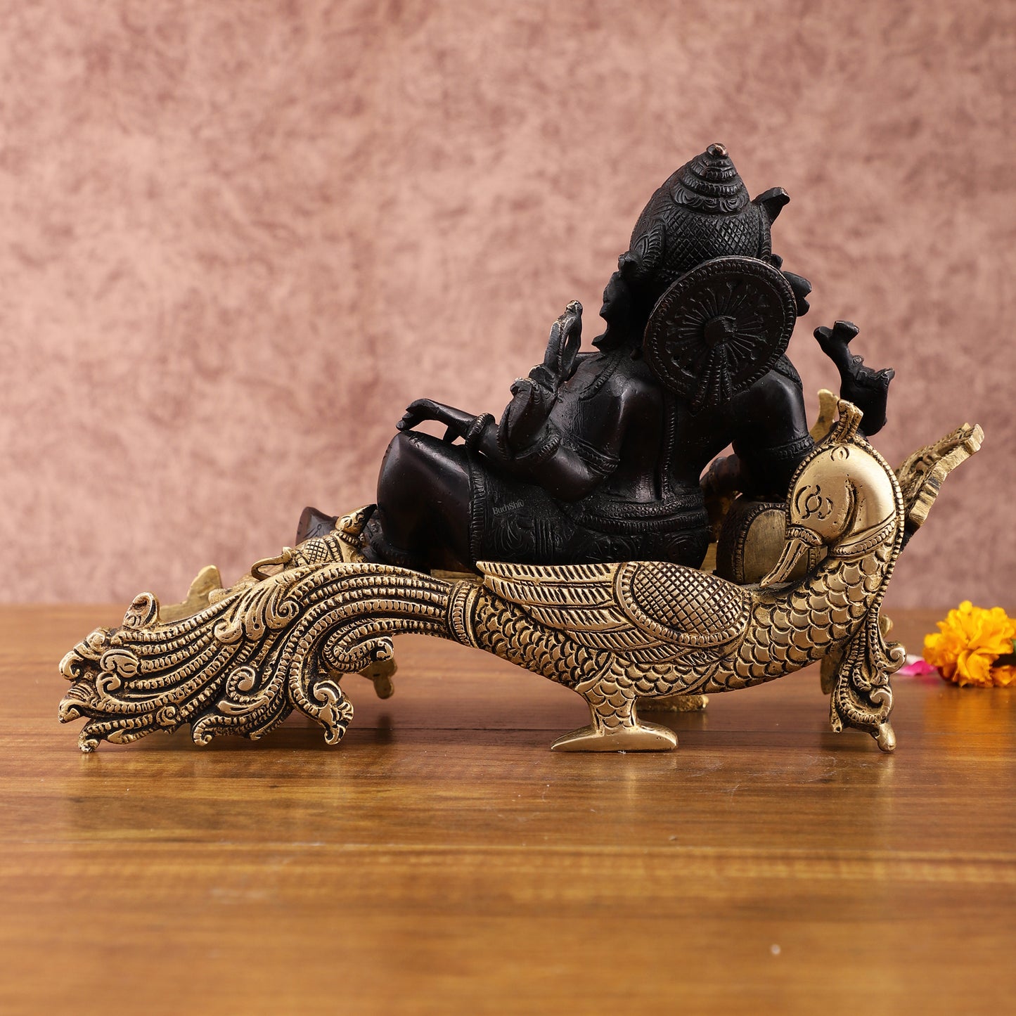 Black Gold Brass Lord Ganesha Statue on Peacock Throne – 11.5" Exquisite Handcrafted Idol