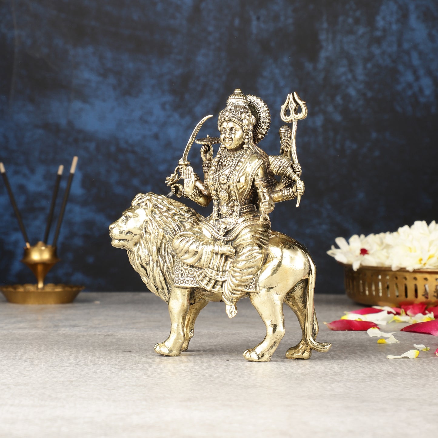 Intricate Lightweight Brass Goddess Durga Idol - 6-inch