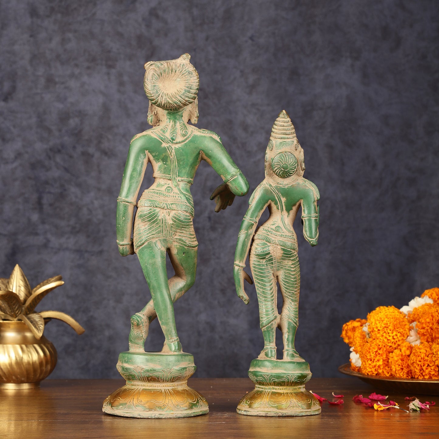 Pure Brass Vrishabhavahanamurti Shiva and Goddess Uma Parvati Statue Pair - Green Antique Patina Finish