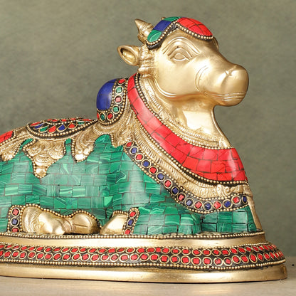 Pure Brass Nandi Bull Idol with Meenakari Work 8"