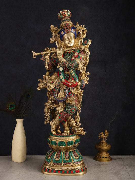 Brass Lord Krishna statue 30 inch multicolour