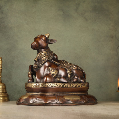 Pure Brass Nandi/Nandikeshwar Idol on Engraved Base - 10-Inch
