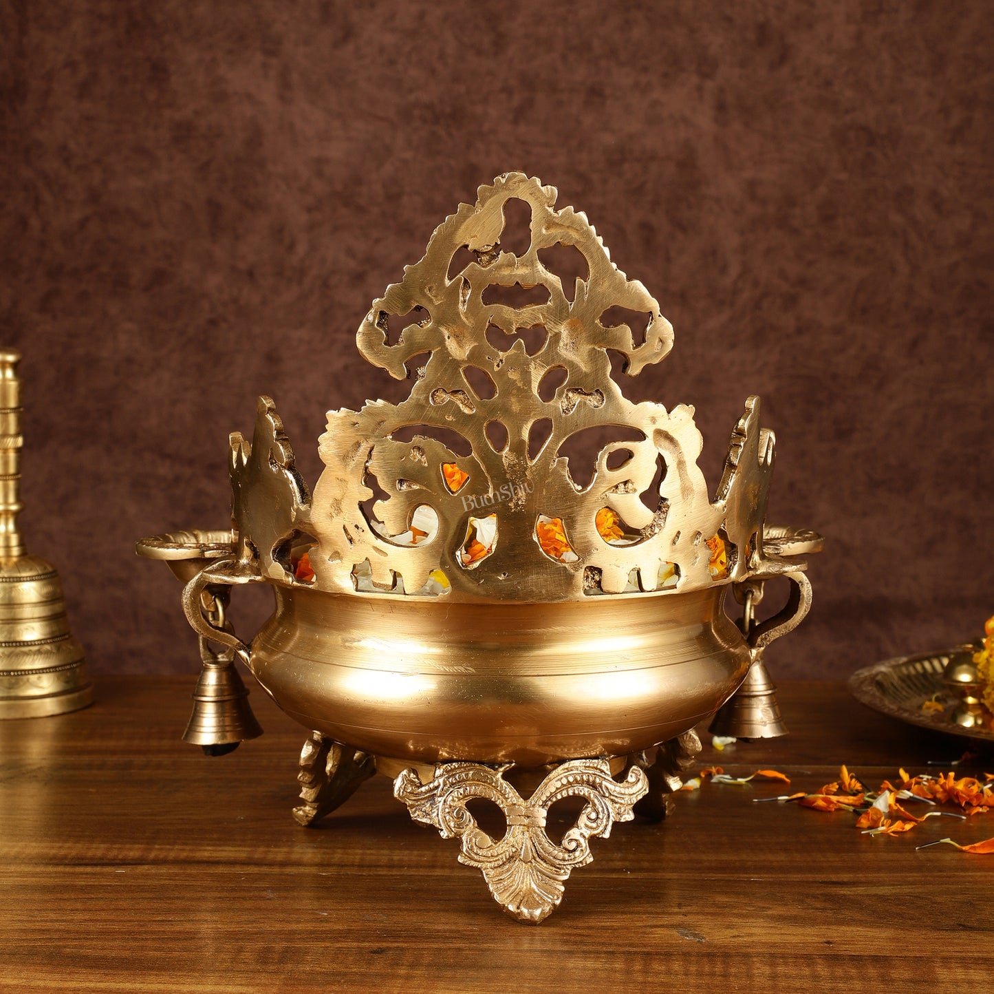 Pure Brass Intricate Urli with Diyas | Height: 11 inch
