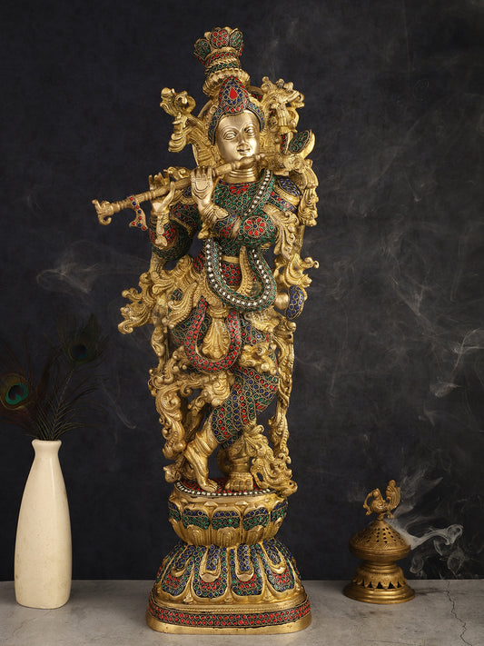 Brass Krishna Idol 30 inch multicolour