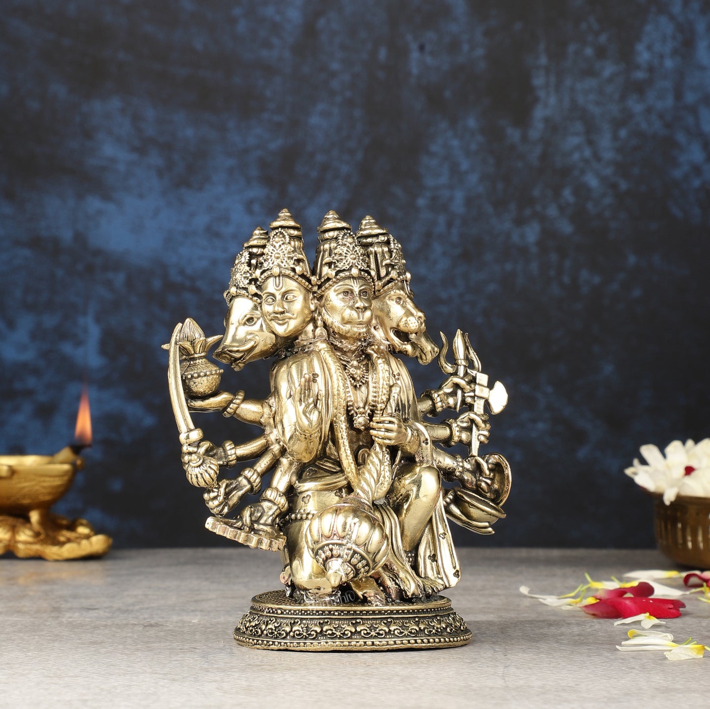 Intricately Handcrafted Brass Powerful Panchmukhi Hanuman Idol - 5.5-inch