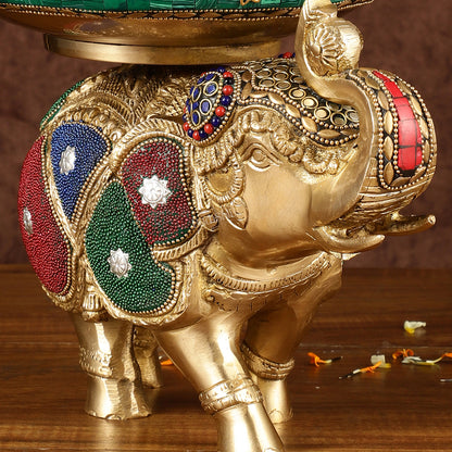 Pure Brass Large Elephant Urli with Meenakari Work | Height: 9.5 inch