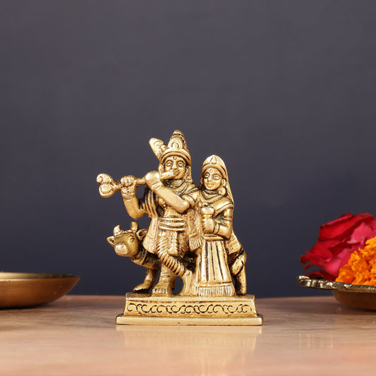 Exquisite 3-inch Brass Radha Krishna with Cow Idol