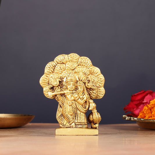 Elegant 3-inch Brass Radha Krishna with Tree and Peacock Idol