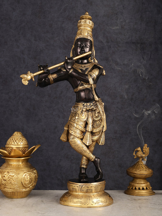 Exquisite Pure Brass Lord Krishna Statue - Black & Gold Finish, 23 Inches