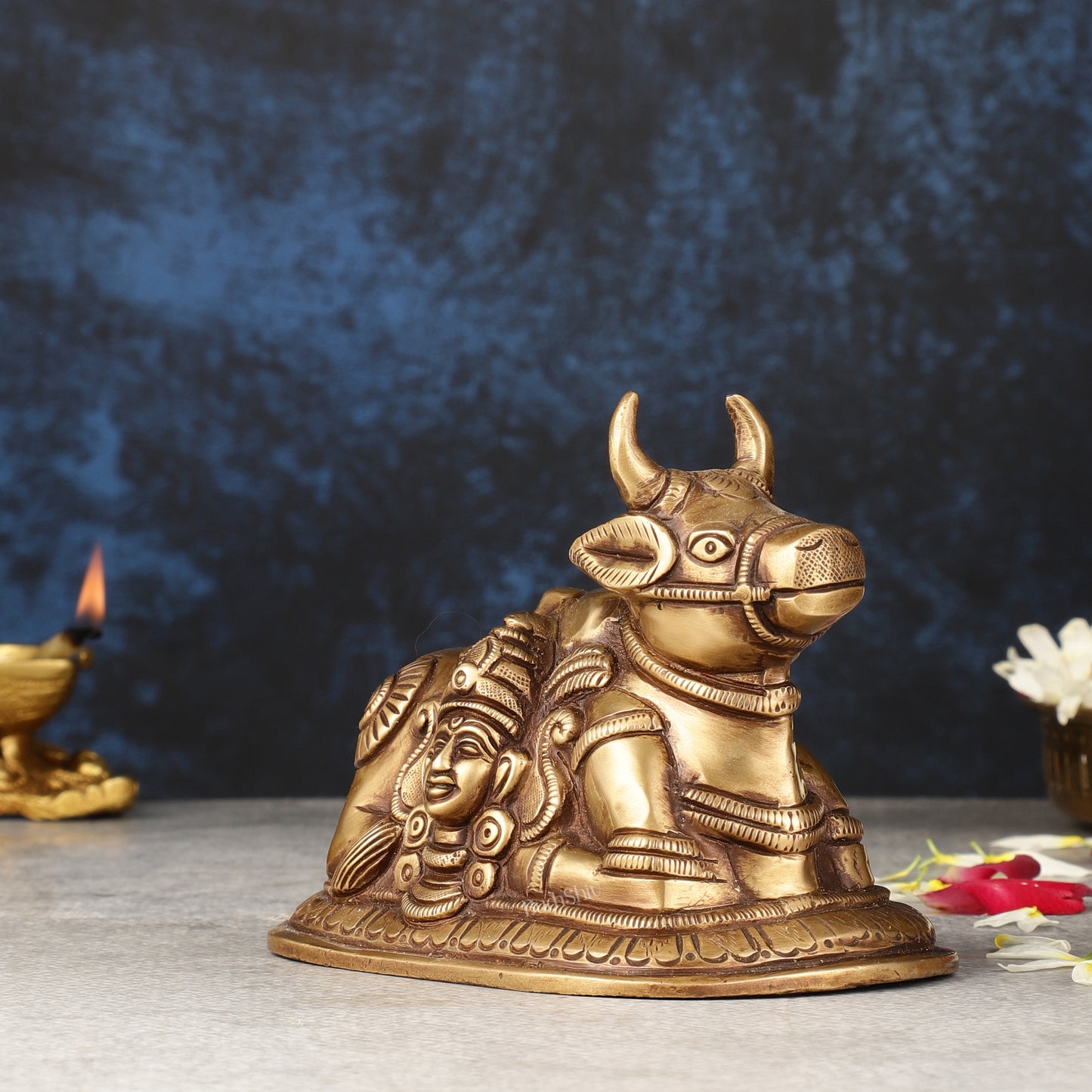 Pure Brass antique Nandi Idol with Shiv Gauri Carving 6"