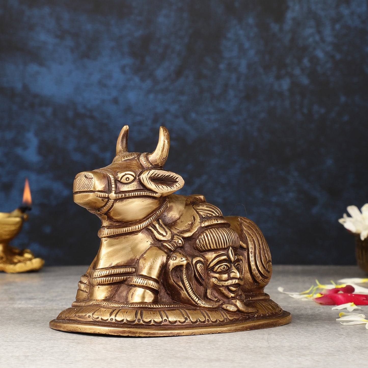Pure Brass antique Nandi Idol with Shiv Gauri Carving 6"