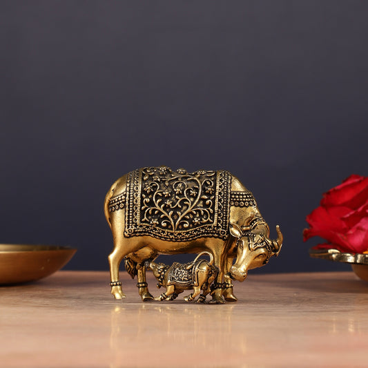Brass Superfine Miniature Kamdhenu Cow with Calf - 2.5"