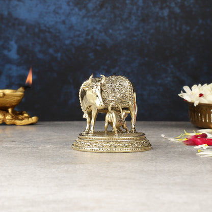 Intricate Brass Small Kamdhenu Cow with Calf Idol - 3-inch