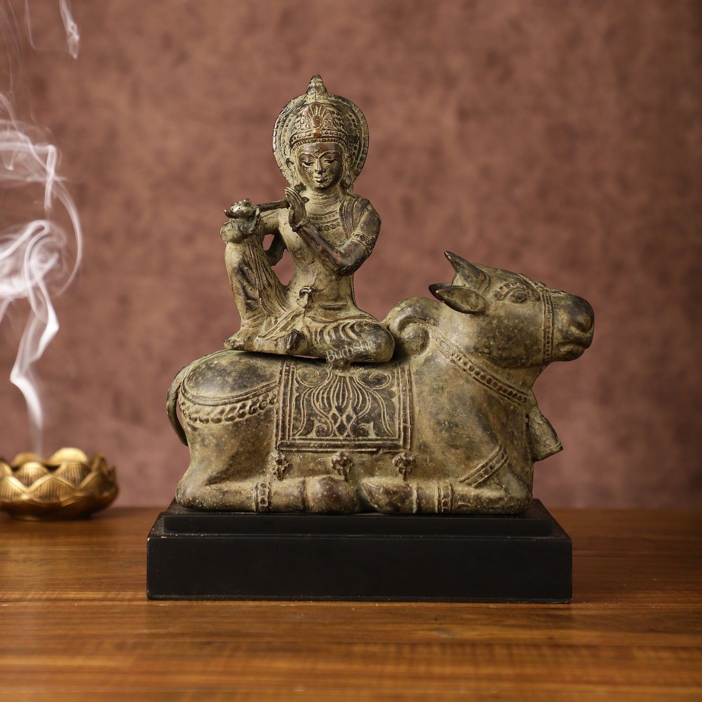 Indonesian Bronze Lord Krishna Sitting on Cow Sculpture | Height: 10 inch