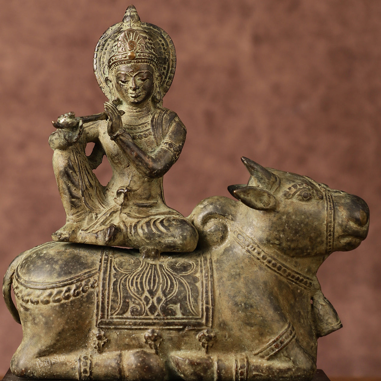 Indonesian Bronze Lord Krishna Sitting on Cow Sculpture | Height: 10 inch