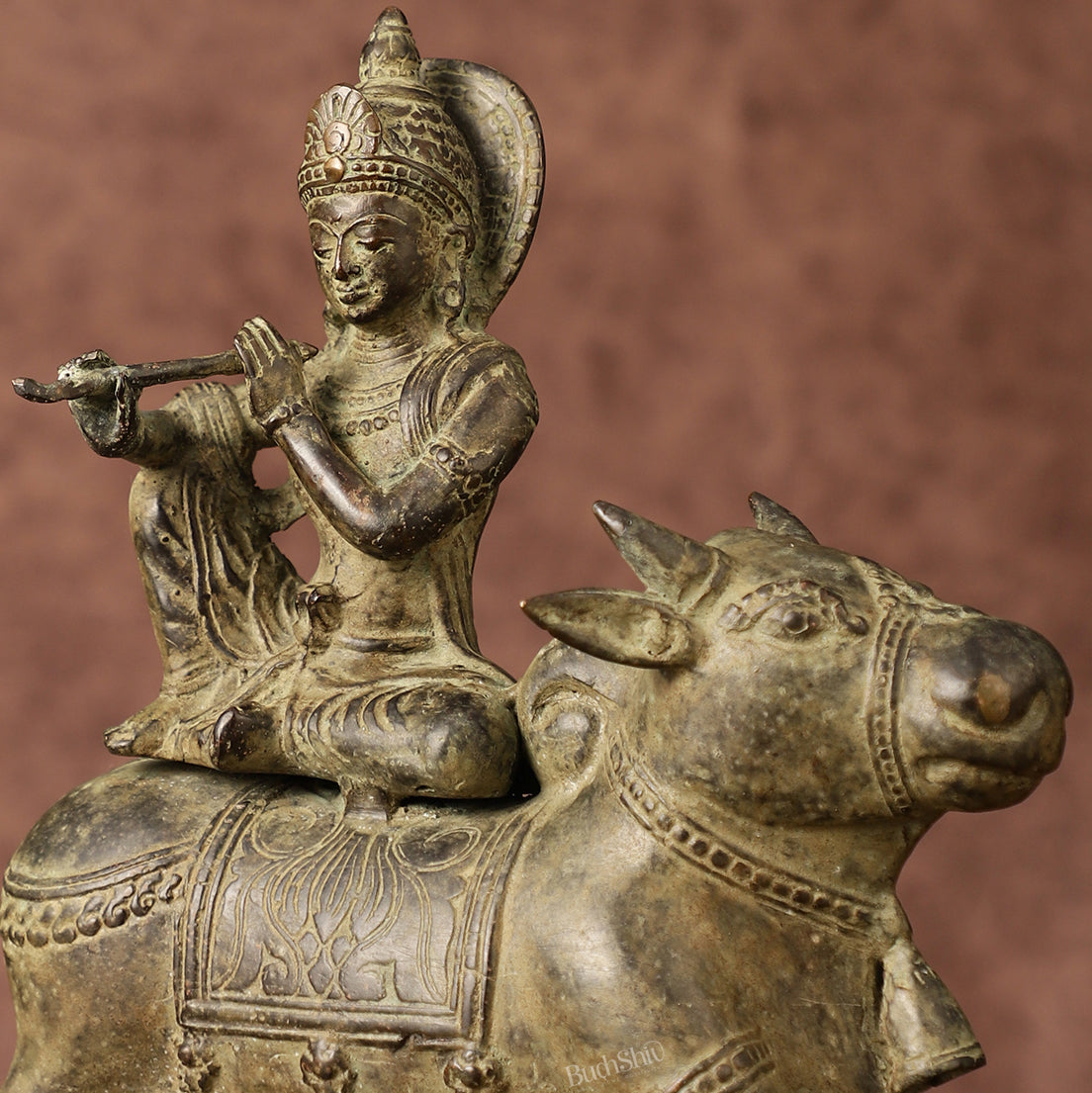 Indonesian Bronze Lord Krishna Sitting on Cow Sculpture | Height: 10 inch