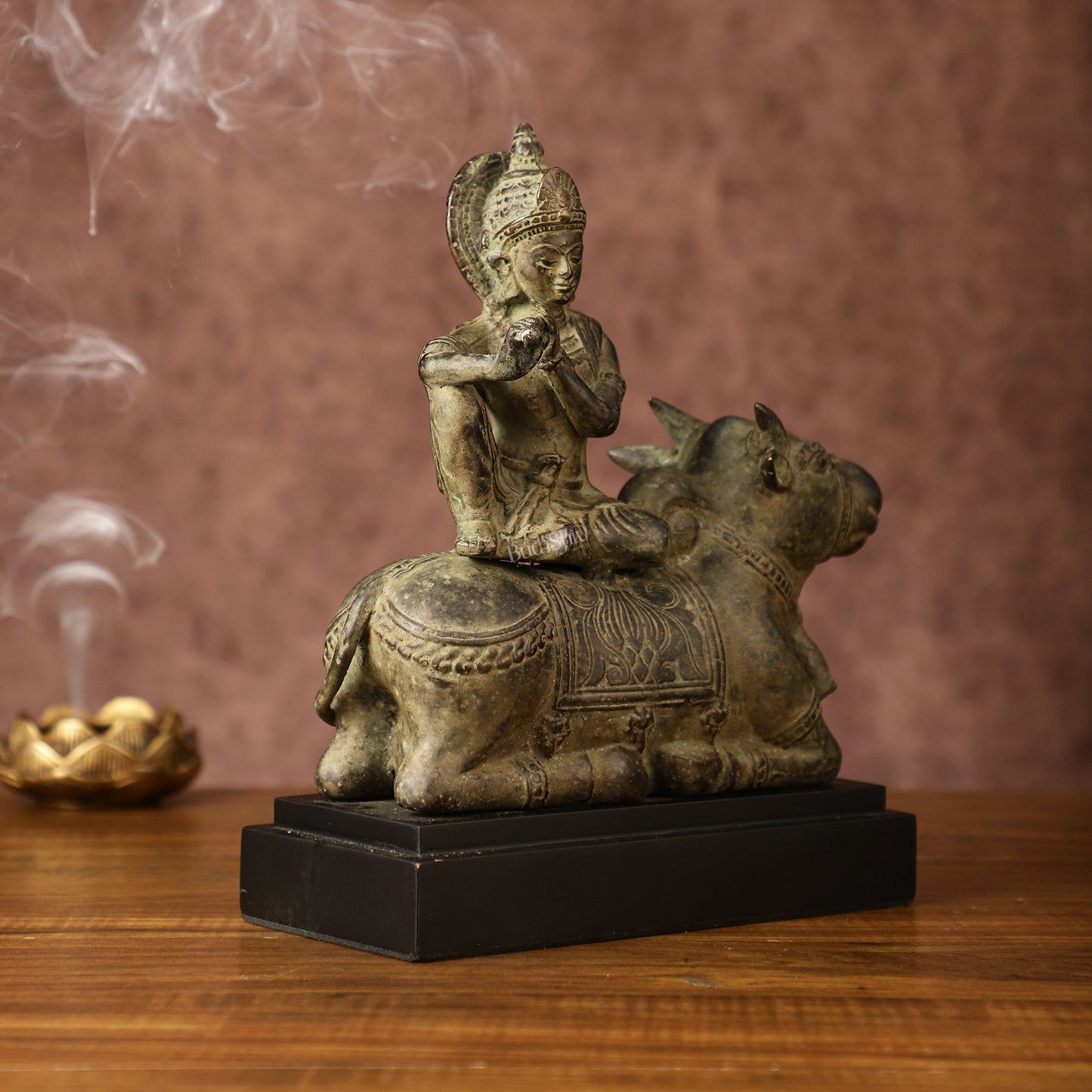 Indonesian Bronze Lord Krishna Sitting on Cow Sculpture | Height: 10 inch