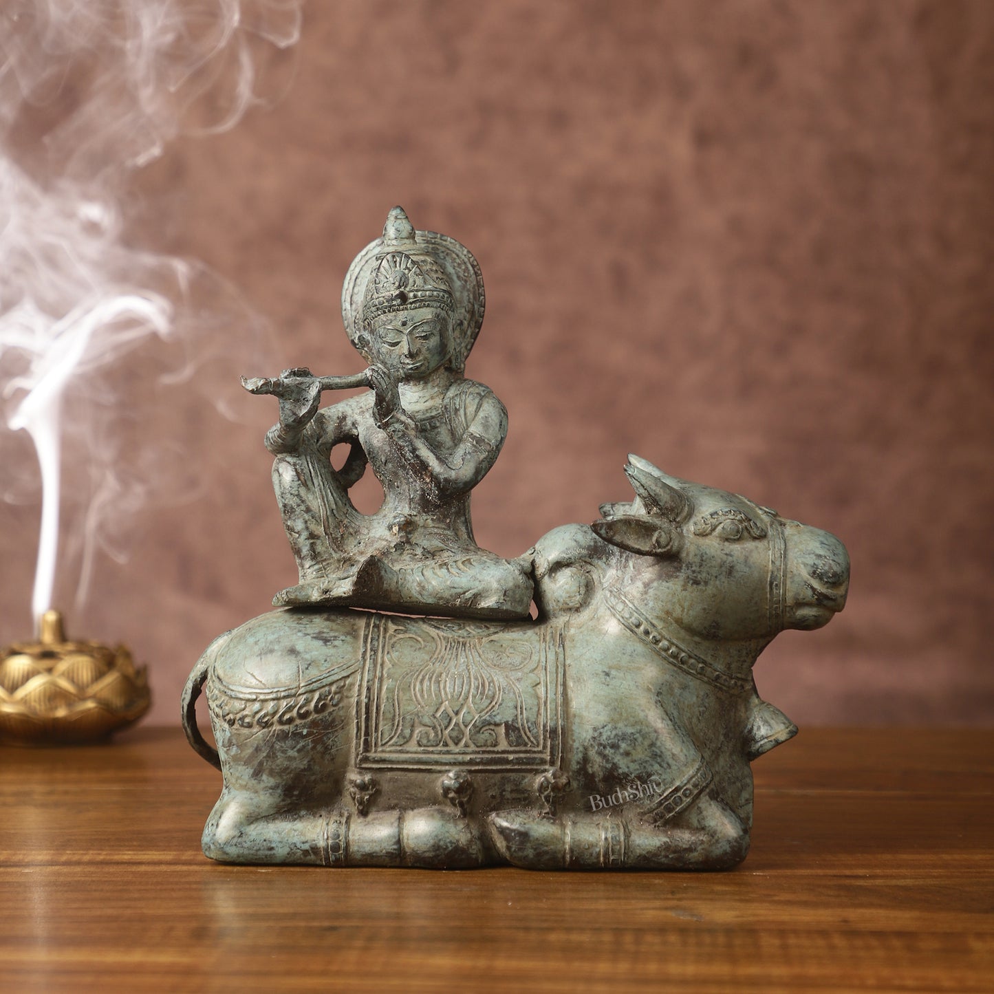 Indonesian Bronze Lord Krishna Sitting on Cow Sculpture | Height: 9 inch