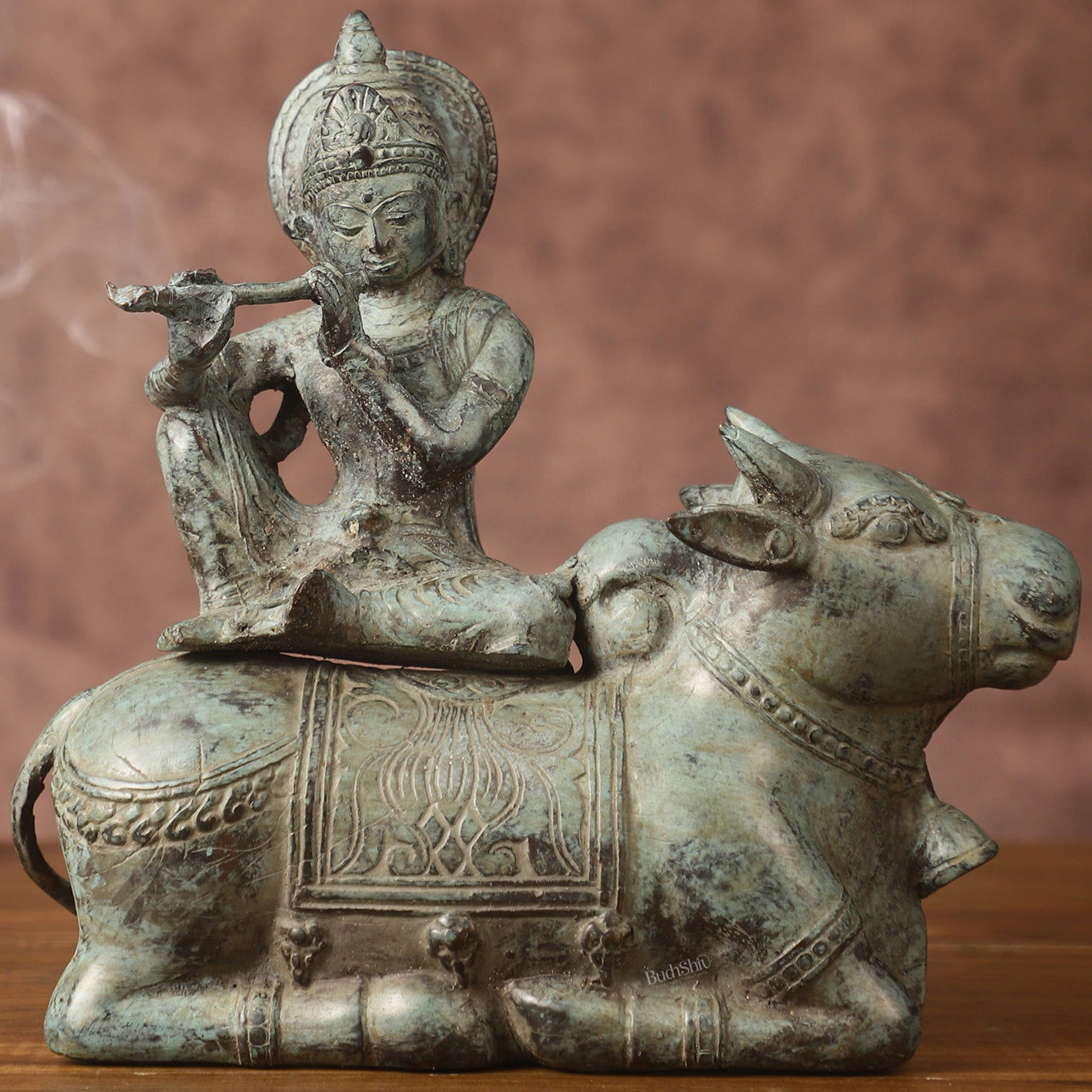 Indonesian Bronze Lord Krishna Sitting on Cow Sculpture | Height: 9 inch