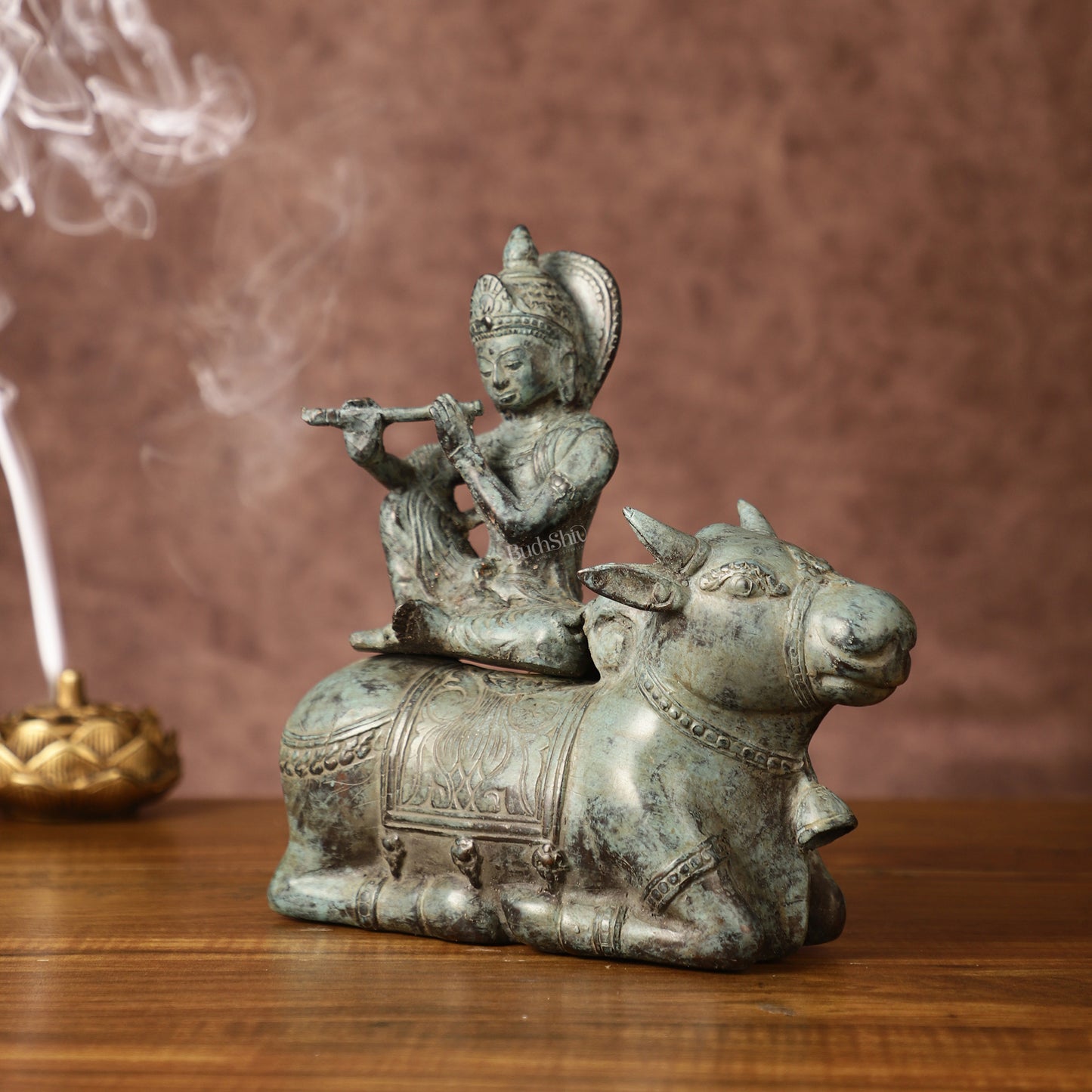 Indonesian Bronze Lord Krishna Sitting on Cow Sculpture | Height: 9 inch