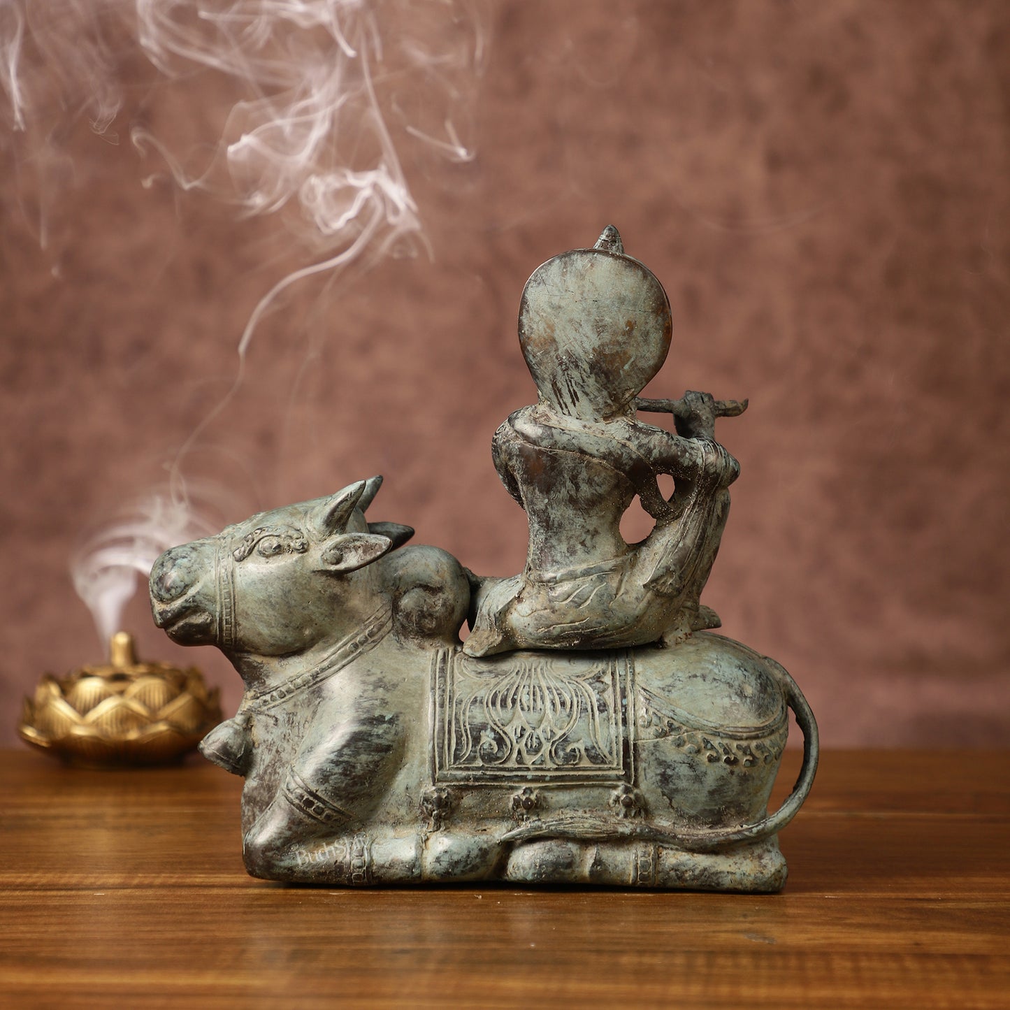 Indonesian Bronze Lord Krishna Sitting on Cow Sculpture | Height: 9 inch