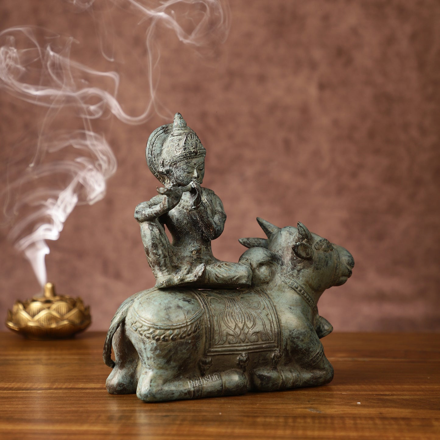 Indonesian Bronze Lord Krishna Sitting on Cow Sculpture | Height: 9 inch