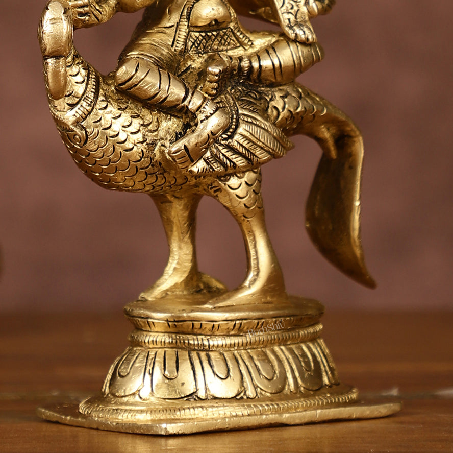Pure Brass Shanmugar Murugan with 6 Heads Sitting on Peacock Small Idol