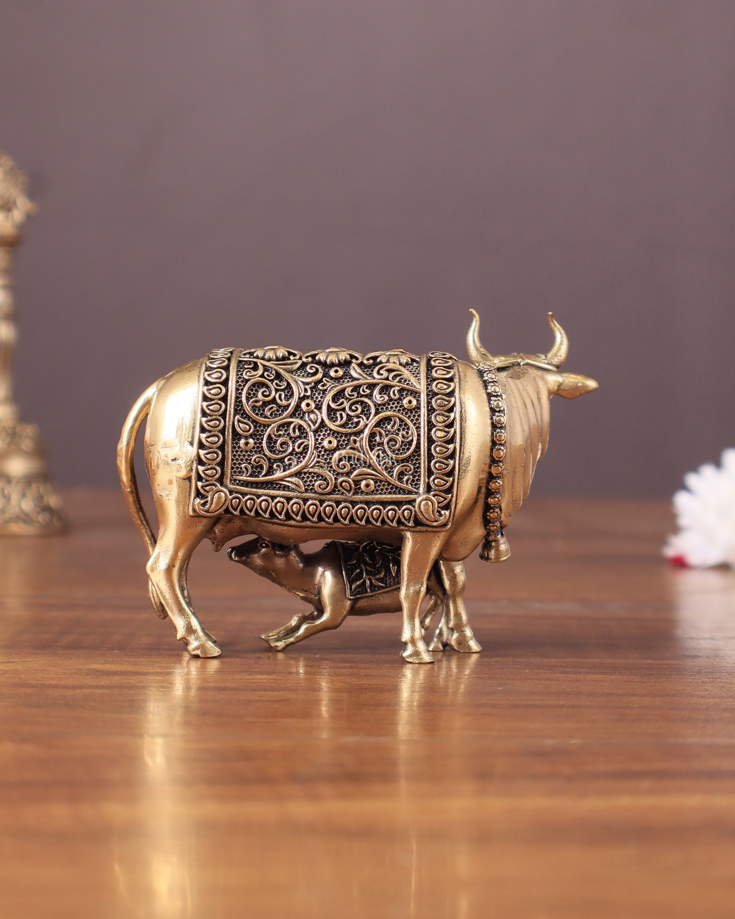 Pure Brass Kamdhenu Cow with Calf Idol - 3"