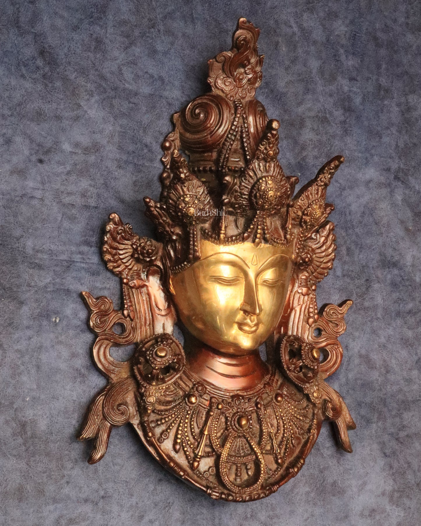 Pure Brass Tara Devi face mask Wall Hanging in Antique Dual-Tone Finish 15"