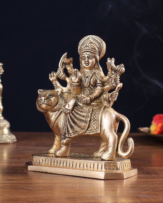 Pure Brass Goddess Durga Sitting on Tiger Idol 5.5"